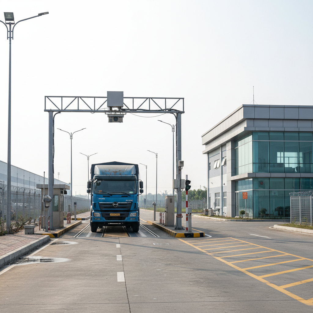 Xe tải qua cổng kiểm soát bãi xe
